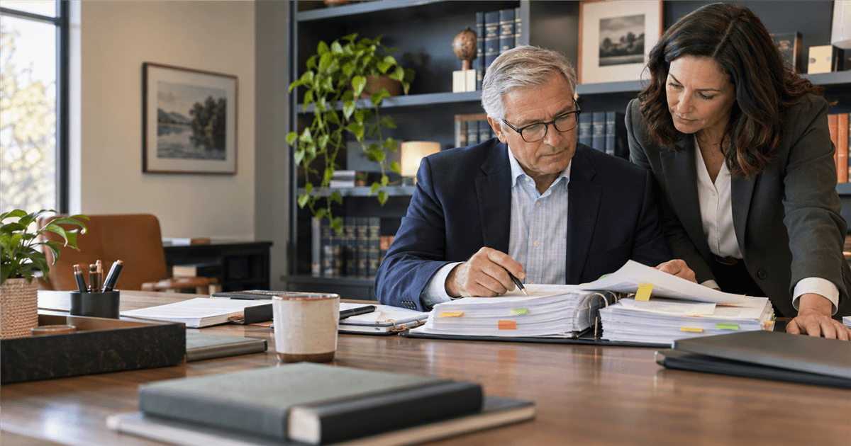 Two tax professionals reviewing a document-heavy client binder together