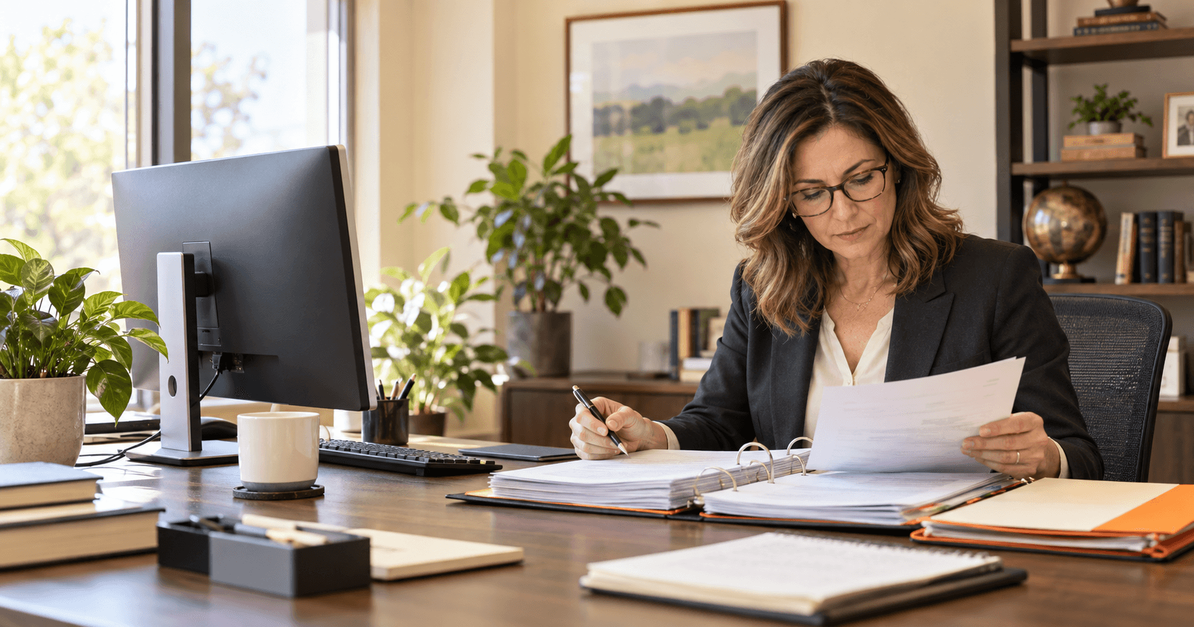 Tax professional checking an organized source-document binder beside an ATX workstation