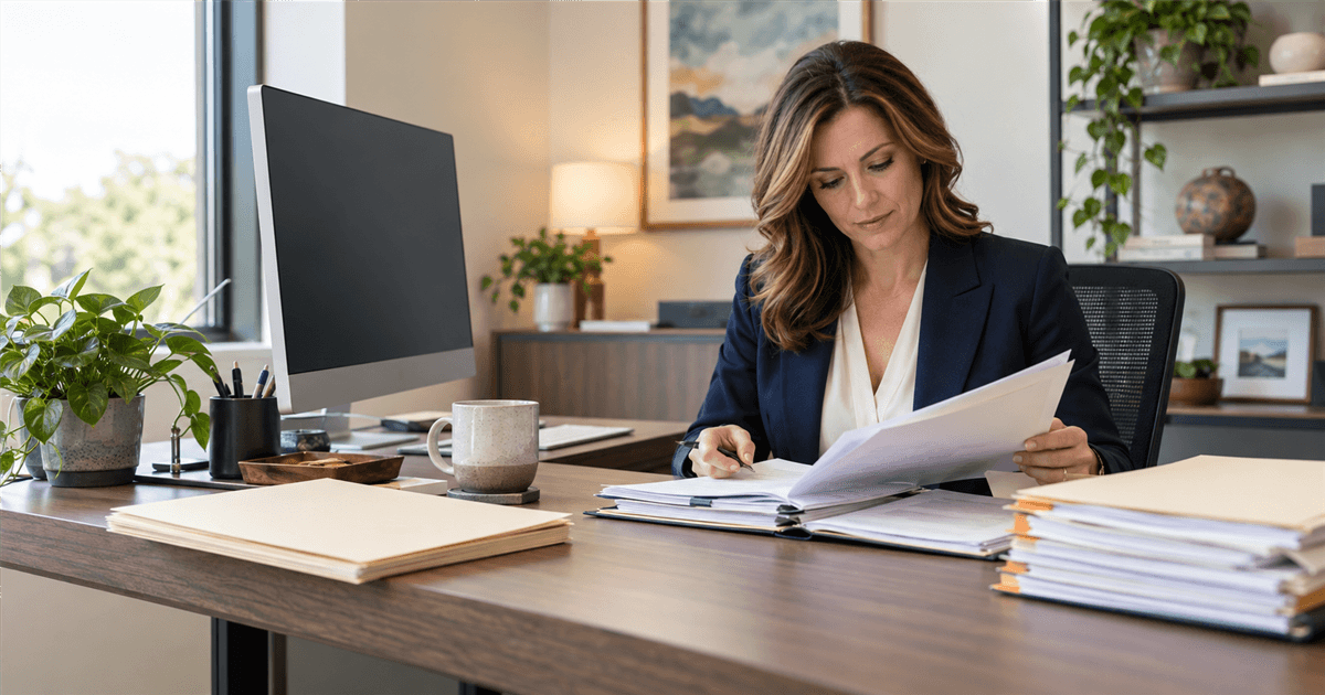 Tax professional reviewing an organized source-document workflow beside a desktop workstation