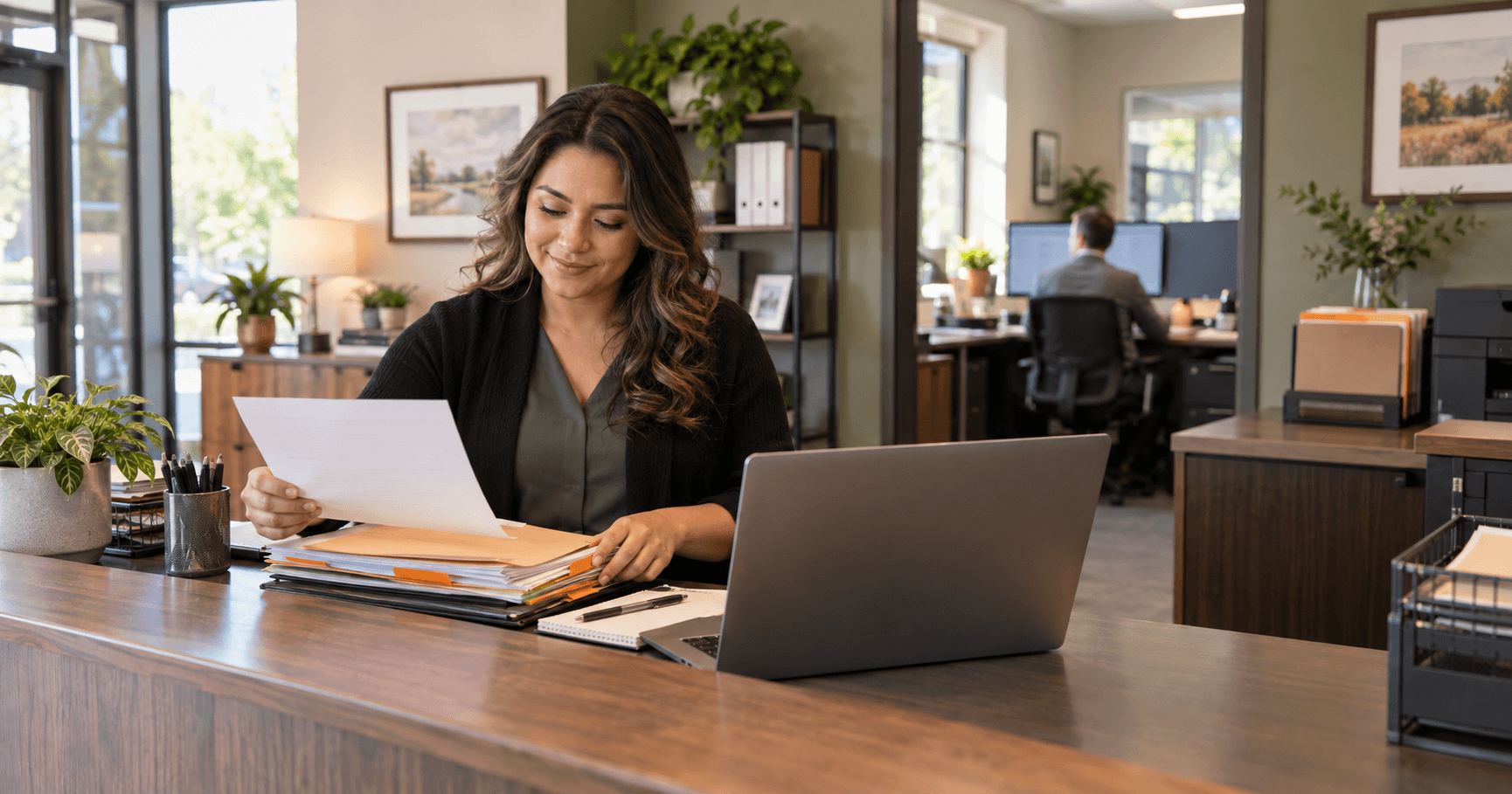 Tax-office professional organizing an incoming client document packet for a desktop preparer