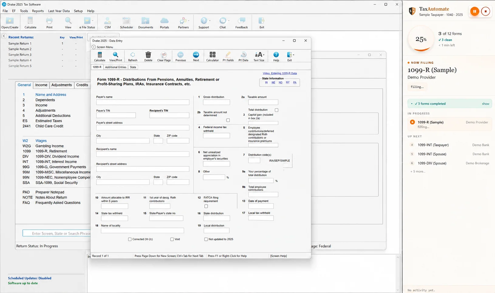 Sanitized Drake 1099-R preparation screen with TaxAutomate progress panel