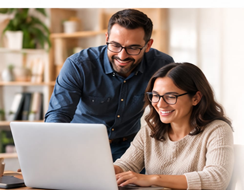 Illustration of two bookkeeping colleagues reviewing a laptop